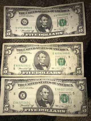 Rare Miscut (1) Three - $5 1974 Five Dollar Usa Federal Reserve Note