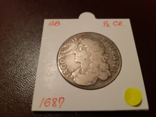 Great Britain Silver James Ii Half Crown 1687,  Rare