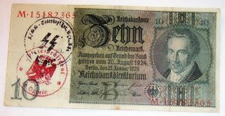 Wwii German 10 Reichsmark Occupied Poland Stamped " Ss " Opole Ghetto Swastika Rare