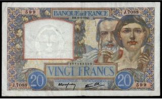 France 20 Francs Science Et Travail 1 - 8 - 1942 Key Date F Rare Banknote See Photos