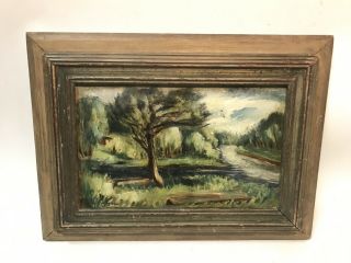 Antique American Modernist Wpa River Landscape Signed Rare Oil Painting