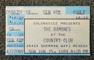 The Ramones Concert Ticket Stub 1989 Rare Small Venue Reseda Country Club