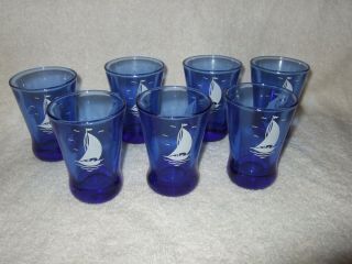 Blue Sailboat Juice Glasses 1940 