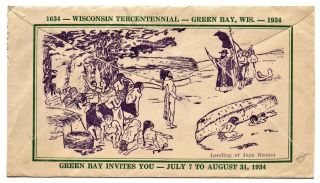 Wisconsin Tercentennial French & Indians 1934 Green Bay Rare Postal Cover Cachet