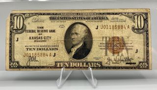 1929 $10 Federal Reserve Bank Of Kansas City Note Frn Rare Error Off Center Back