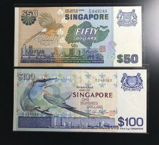 Singapore 100 & 50 Dollars “birds Issue” 1976 - 80 Aunc / Rare /