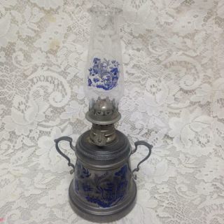 Vintage,  Rare,  2 - Pc Blue Willow,  Pewter Oil Lamp 10in X 5in