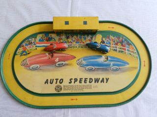 Rare 1940s Tin Litho Auto Speedway Track & 2 Wind Up Race Cars Automatic Toy Co