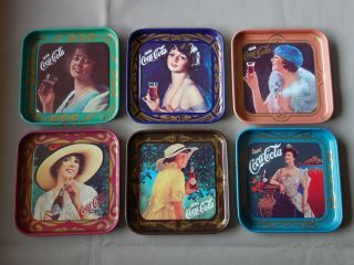 Vtg Old Rare Full Set 6 Coca Cola Coasters Retro Girls Metal Tin Plate Tray Pad