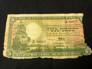 Rare South Africa 5 Pound Banknote 8/4/1947 Ship P86