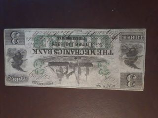 (e - 3198) Very Rare 1862 The Mechanics Bank Of Philadelphia $3 Note - Green 3s
