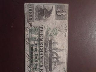 (E - 3198) VERY RARE 1862 The Mechanics Bank of Philadelphia $3 Note - Green 3s 3