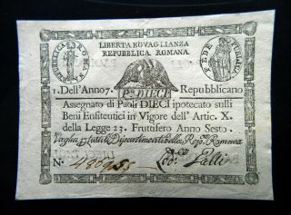 1798 Vatican Italy Rare Assignat Banknote 10 Paoli (rombo) Repubblica Romana