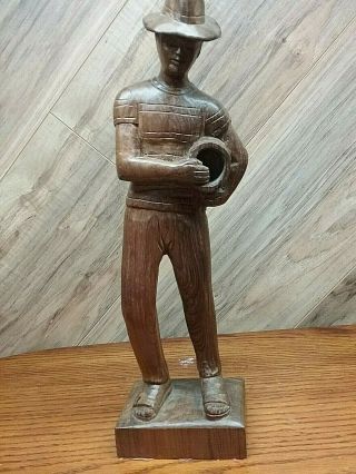 Rare Vintage Hand Carved Wooden Wood Souza Rio Brazil Man W Barrel Statue 13 "