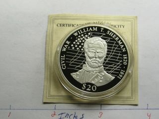 General William Sherman Civil War $20 Liberia 999 Silver Coin Very Rare F - 2