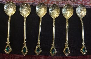 Gold Demitasse Teaspoons With Green Rhinestone Handle Set Of 6 Spoons Rare