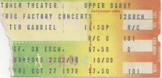 Peter Gabriel (genesis) Ticket Stub October 27,  1978 Rare Tower Theatre Philly
