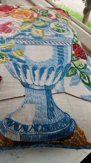 Vtg GORGEOUS Cottage Flower Urn Hand Embroidered Pillow Linen FarmHouse Rare EXC 2