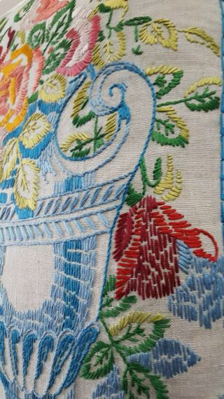 Vtg GORGEOUS Cottage Flower Urn Hand Embroidered Pillow Linen FarmHouse Rare EXC 3
