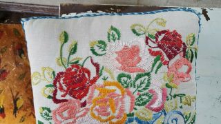 Vtg GORGEOUS Cottage Flower Urn Hand Embroidered Pillow Linen FarmHouse Rare EXC 5