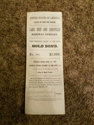 Rare Issued Lake Erie And Louisville Railroad Company $1000 Gold Bond 1892