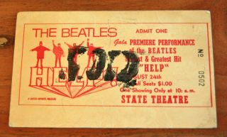 The Beatles - Rare & 1965 U.  S Movie Premiere Ticket For " Help " Film