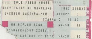 Emerson Lake & Palmer Ticket Stub October 22 1977 Rare Cole Field House