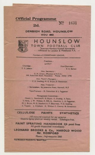 Rare Hounslow V Walthamstow Avenue Feb 11th 1950 Amateur Cup Football Programme