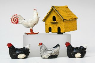 Crescent Toys Metal Farm Animals Cockerel,  Sitting Hens & Rare Dovecote.