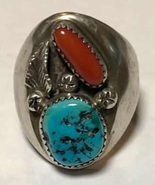 Rare William Singer Navajo Old Pawn Sterling Silver Kingman Turquoise Coral Ring
