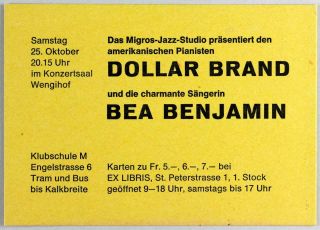 Dollar Brand,  Bea Benjamin - Rare Vintage 1969 Jazz Concert Handbill