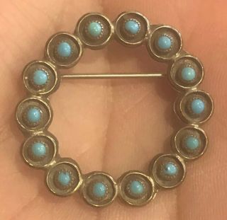 Vintage Handcrafted Sterling Silver Round Pin Brooch Turquoise Stones.  925 Rare