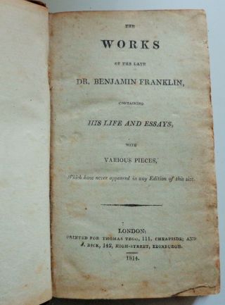 Rare Antique Book 1814 The Of Benjamin Franklin
