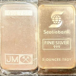 Johnson Matthey & Scotia Bank 5 Oz.  999 Fine Silver Bar Ultra Rare 500 Minted