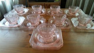 Set Of 9 Adam Pink Depression Glass Round Cups Square Saucers " Rare " Tea Coffee