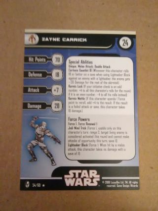 Star Wars Miniatures Knights Of The Old Republic Zayne Carrick 54 Rare