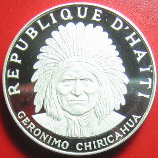 1971 Haiti 10 Gourdes 1.  5oz Silver Proof Indian Chief Geronimo Crown 40mm Rare