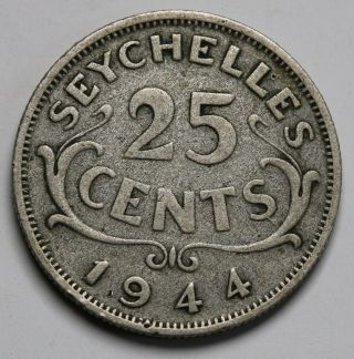 1944 Seychelles Silver 25 Cents George Vi Coin Km 2 Low Mintage 36k Rare