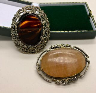 Vintage Jewellery Rare Signed Miracle Agate/glass Brooches/pins