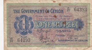 1 Rupee Vg Banknote From British Colony Of Ceylon 1923 Pick - 16 Rare