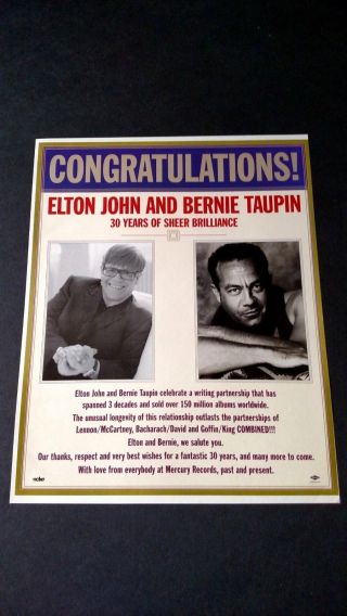Elton John & Bernie Taupin Sheer Brilliance.  Rare Print Promo Poster Ad