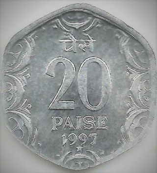 India Paise 20,  Aluminium Magnesium Unc Coin,  Rare 1997,  Star,  Hyderabad