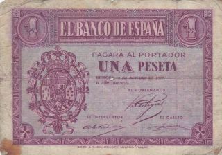 1 Peseta Vg Banknote From Spain 1937 Pick - 104 Rare