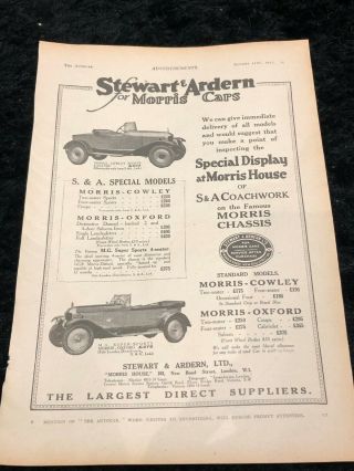 Rare Stewart Arden Morris / Mg Car Advert / Extract From The Motor - Aug 21 1925