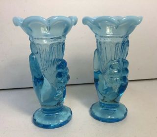 2 Rare Htf Vintage Fenton Blue Glass Snow Crest Torch Hand Vase Vases 3 3/4” Wow