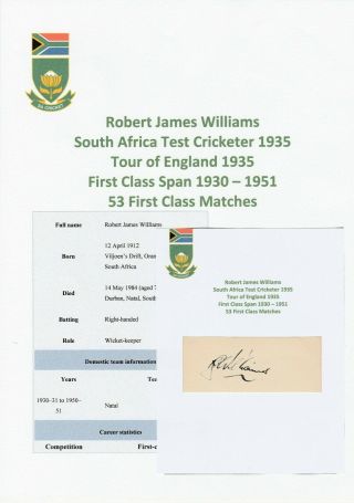 Robert Williams South Africa Test Cricketer 1935 Rare Autograph