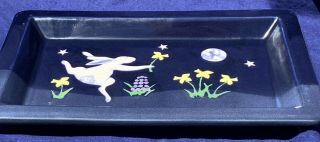 Handpainted Rare Karen Howell Rabbit Under The Moon Glass Serving Dish Tray 10,  "