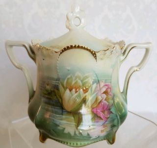 Rare R S Prussia Reflecting Water Lily Sugar Bowl Handpainted,  Footed