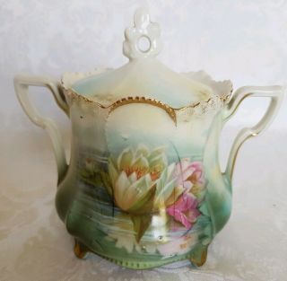 RARE R S PRUSSIA REFLECTING WATER LILY SUGAR BOWL HANDPAINTED,  FOOTED 2