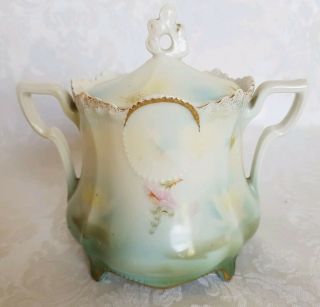 RARE R S PRUSSIA REFLECTING WATER LILY SUGAR BOWL HANDPAINTED,  FOOTED 3